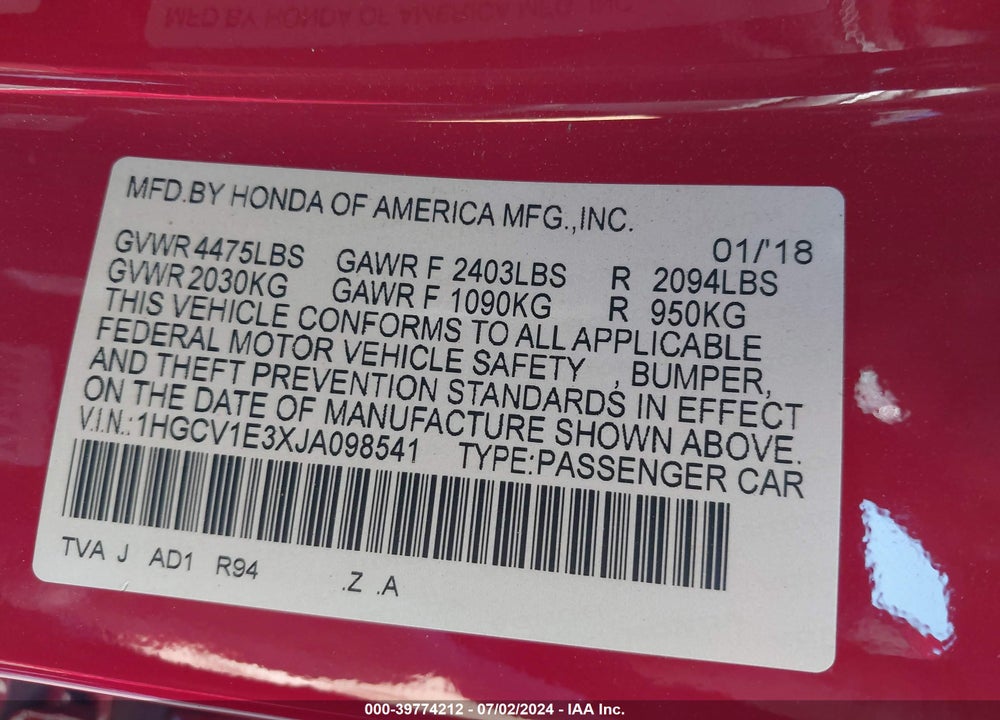 2018 HONDA ACCORD SPORT VIN: 1HGCV1E3XJA098541