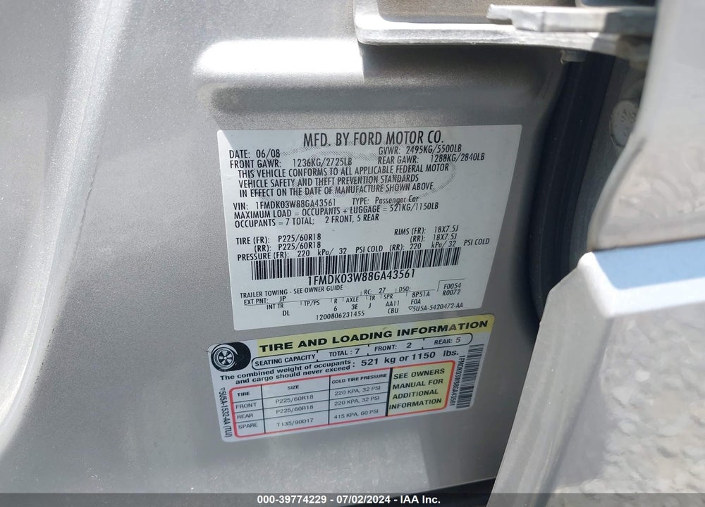 2008 FORD TAURUS X LIMITED VIN: 1FMDK03W88GA43561
