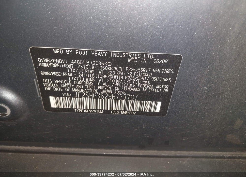 2009 SUBARU FORESTER 2.5X VIN: JF2SH63629H733767