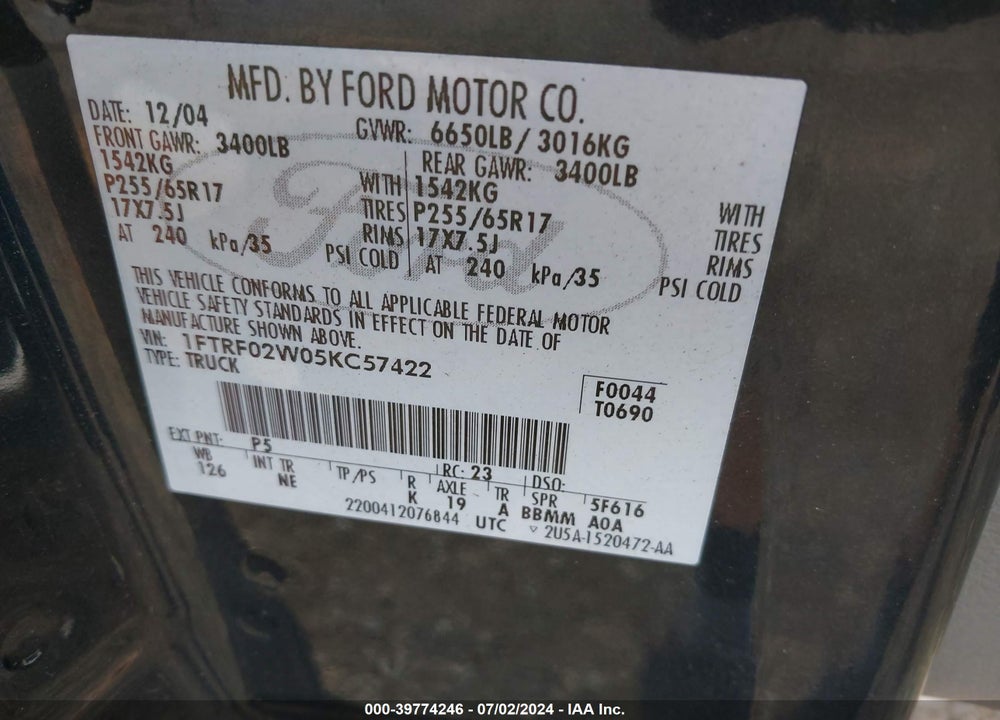 2005 FORD F-150 STX/XLT VIN: 1FTRF02W05KC57422