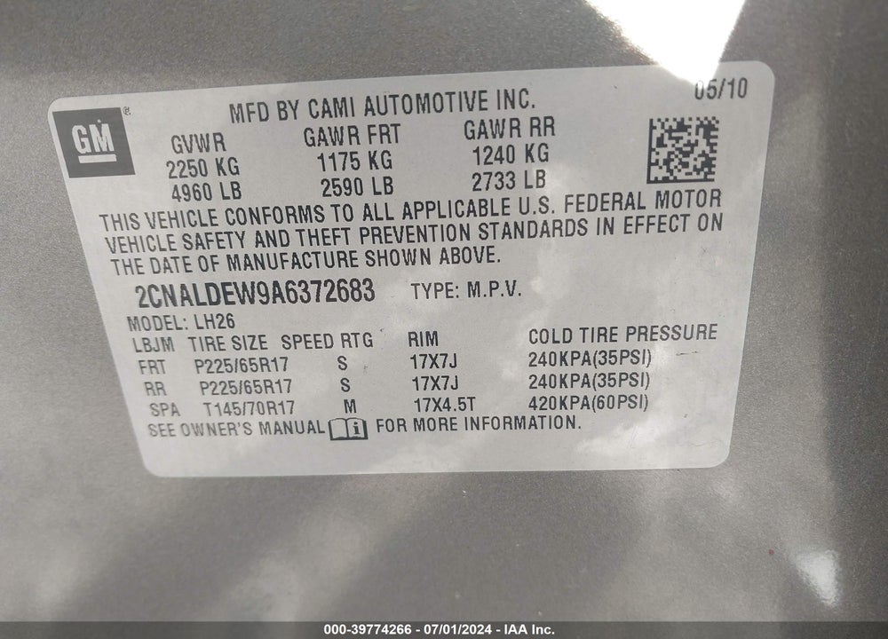 2010 CHEVROLET EQUINOX LT VIN: 2CNALDEW9A6372683