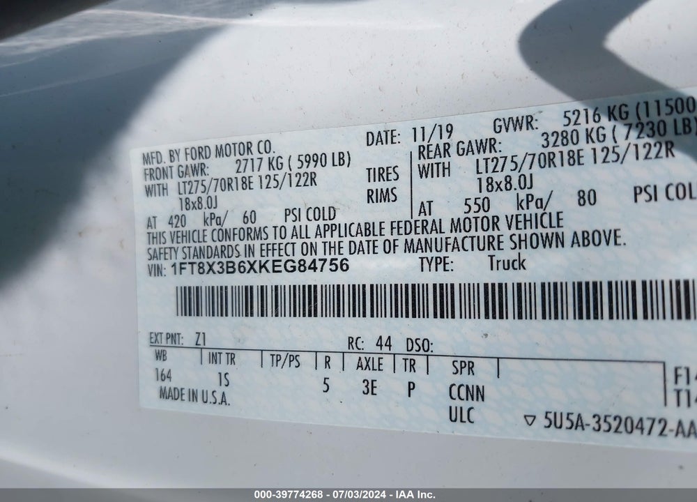 2019 FORD F-350 XL VIN: 1FT8X3B6XKEG84756