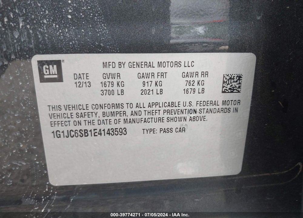 2014 CHEVROLET SONIC LT AUTO VIN: 1G1JC6SB1E4143593