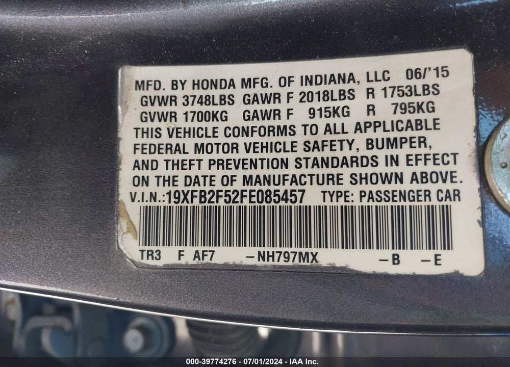 2015 HONDA CIVIC LX VIN: 19XFB2F52FE085457