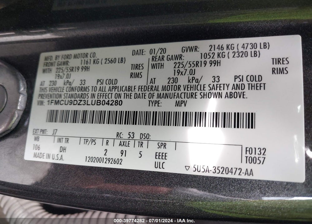2020 FORD ESCAPE TITANIUM HYBRID VIN: 1FMCU9DZ3LUB04280