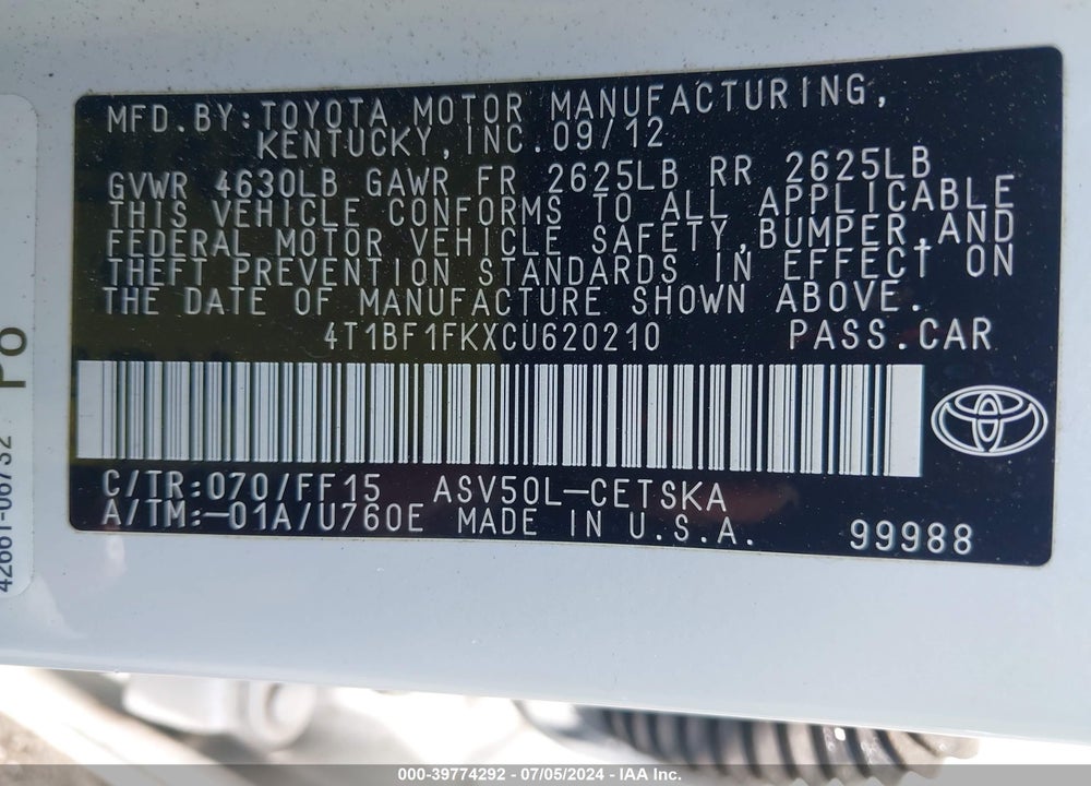 2012 TOYOTA CAMRY SE LIMITED EDITION VIN: 4T1BF1FKXCU620210