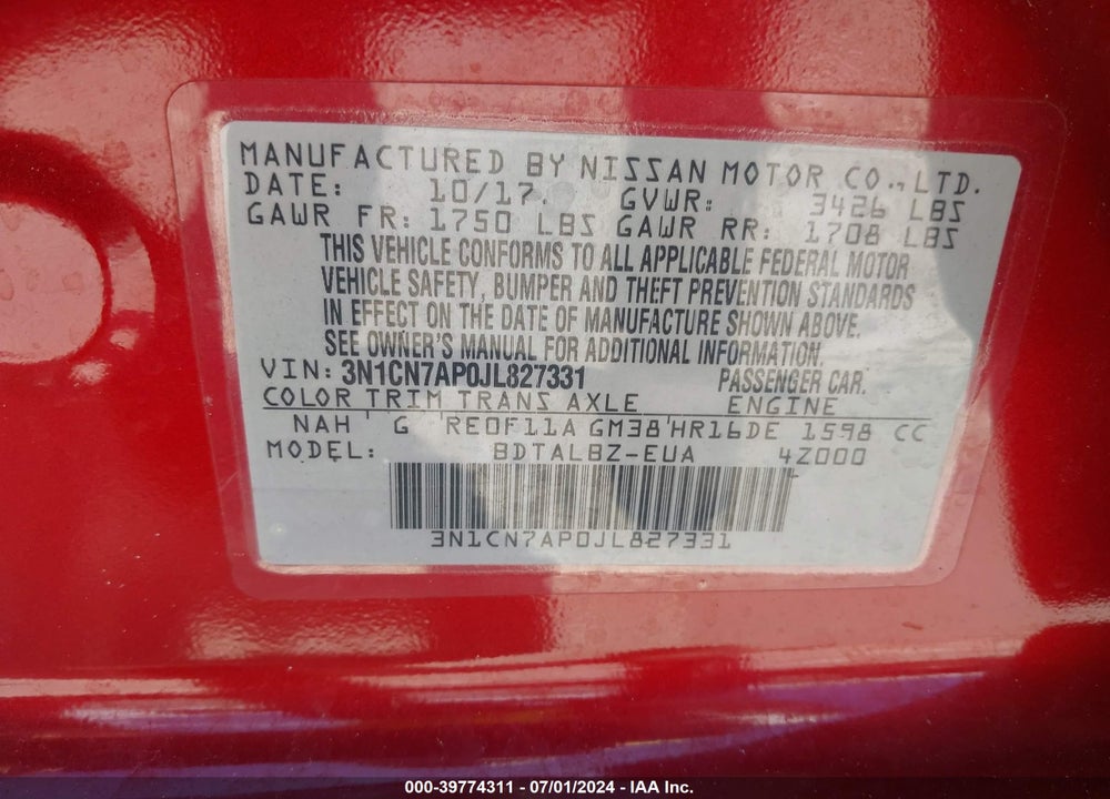 2018 NISSAN VERSA 1.6 SV VIN: 3N1CN7AP0JL827331