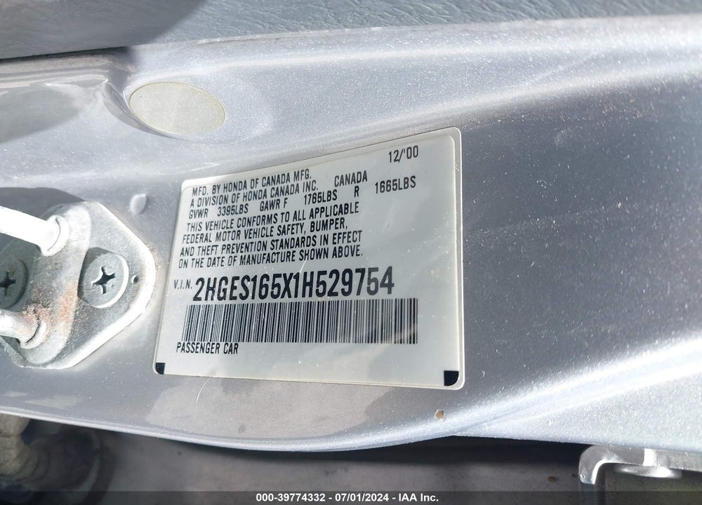 2001 HONDA CIVIC LX VIN: 2HGES165X1H529754