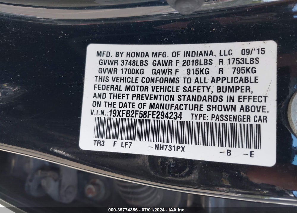 2015 HONDA CIVIC LX VIN: 19XFB2F58FE294234