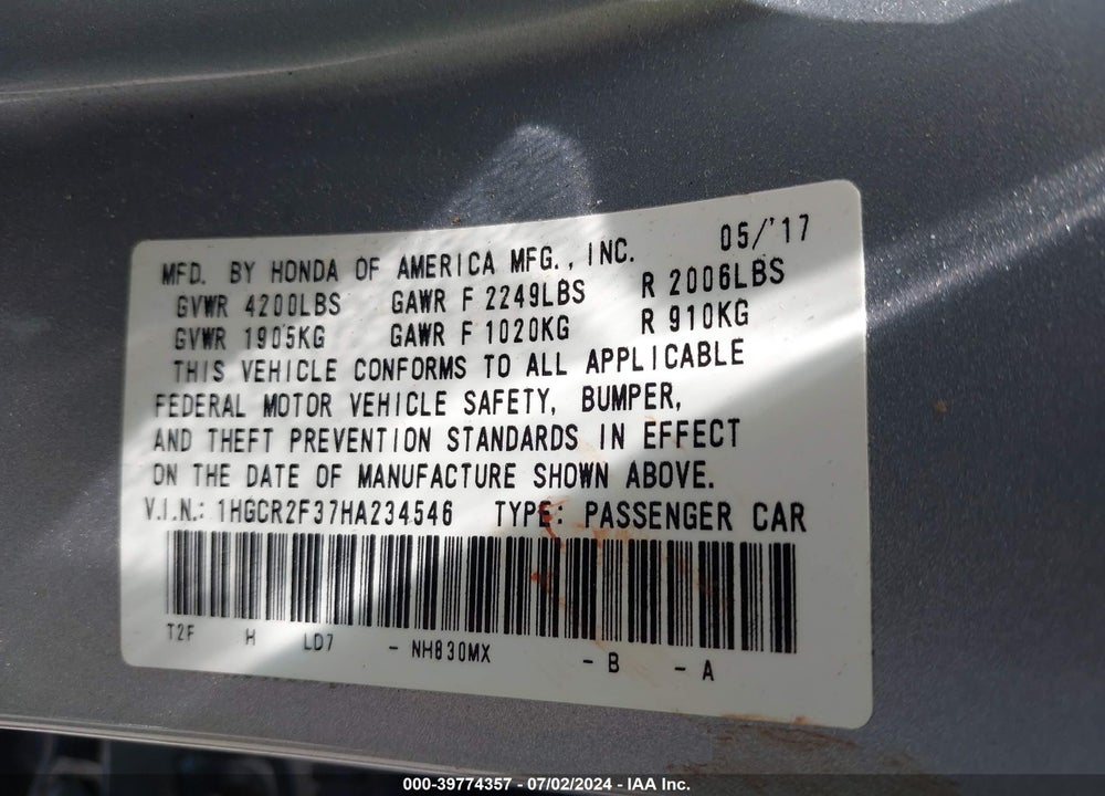 2017 HONDA ACCORD LX VIN: 1HGCR2F37HA234546