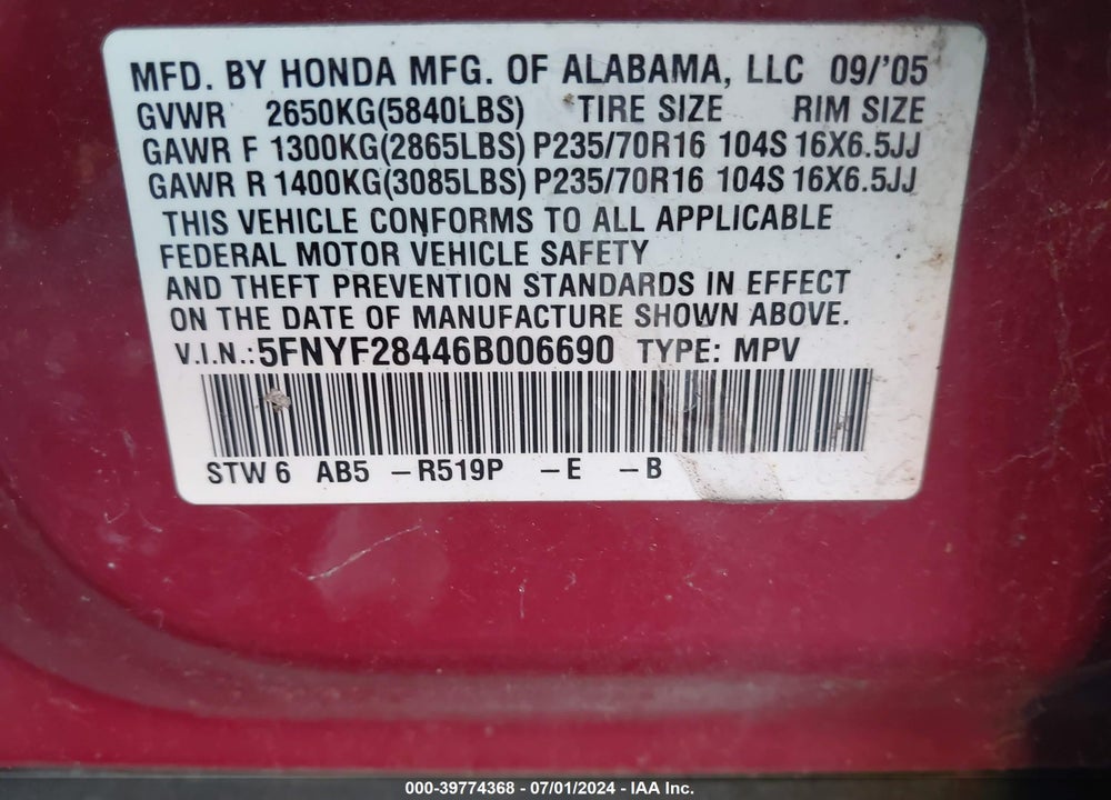 2006 HONDA PILOT VIN: 5FNYF28446B006690