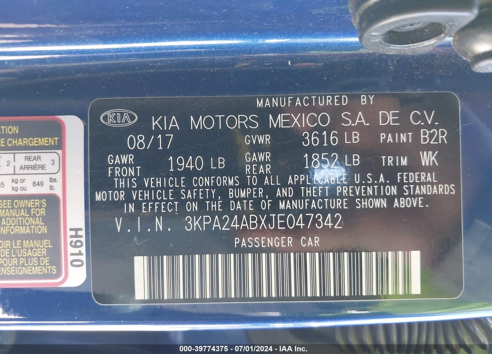 2018 KIA RIO S VIN: 3KPA24ABXJE047342