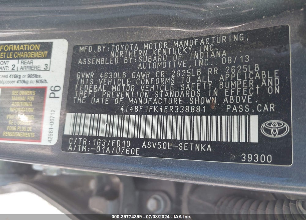 2014 TOYOTA CAMRY LE VIN: 4T4BF1FK4ER338881