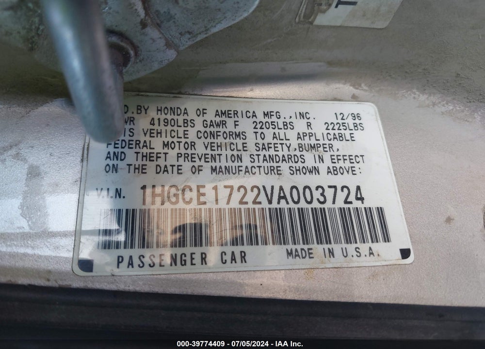1997 HONDA ACCORD LX VIN: 1HGCE1722VA003724