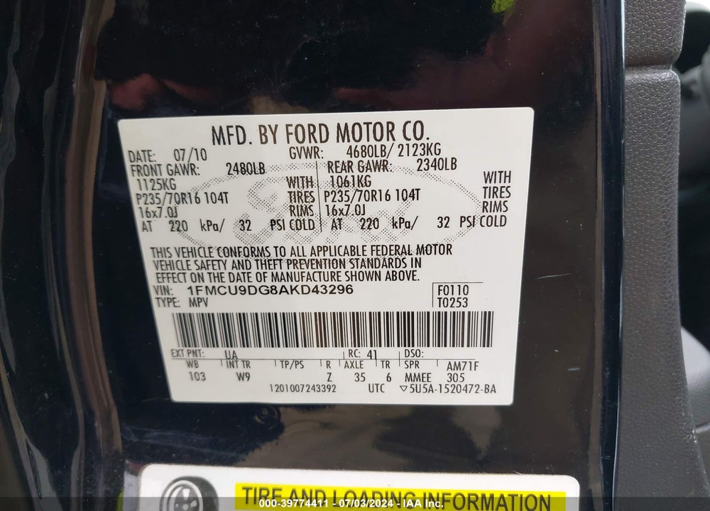 2010 FORD ESCAPE XLT VIN: 1FMCU9DG8AKD43296