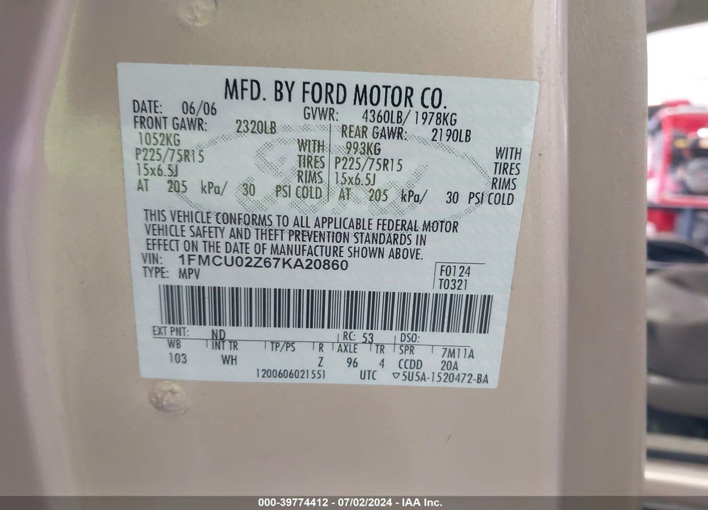 2007 FORD ESCAPE XLS/XLS MANUAL VIN: 1FMCU02Z67KA20860