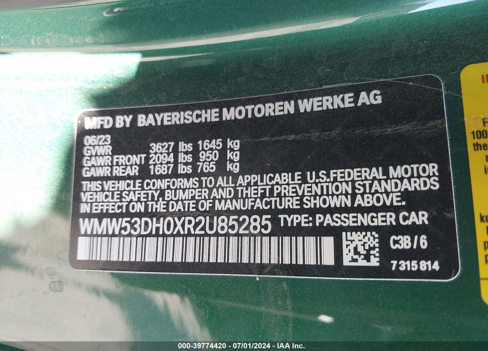 2024 MINI HARDTOP COOPER S VIN: WMW53DH0XR2U85285