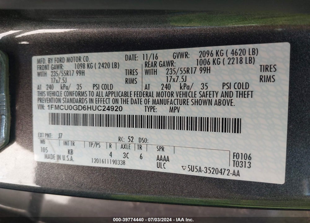 2017 FORD ESCAPE SE VIN: 1FMCU0GD6HUC24920