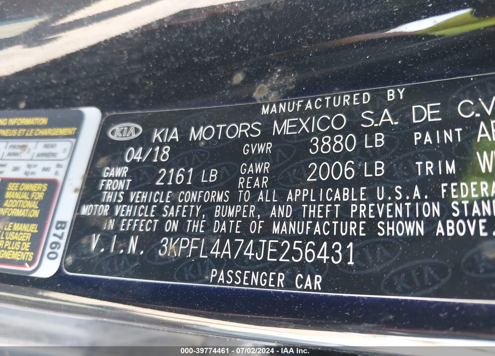 2018 KIA FORTE LX VIN: 3KPFL4A74JE256431
