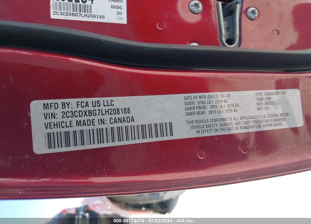 2020 DODGE CHARGER SXT RWD VIN: 2C3CDXBG7LH208188