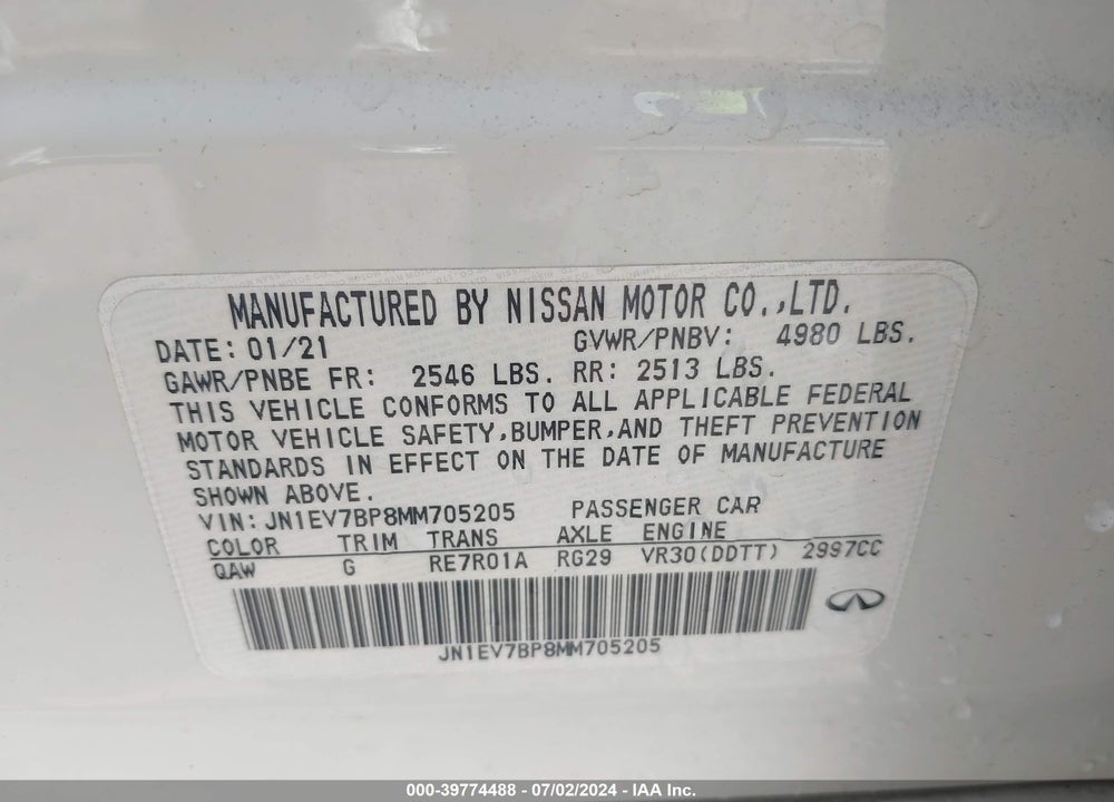 2021 INFINITI Q50 LUXE VIN: JN1EV7BP8MM705205
