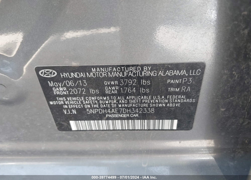 2013 HYUNDAI ELANTRA GLS VIN: 5NPDH4AE7DH342338