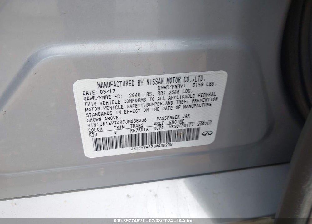2018 INFINITI Q50 3.0T LUXE VIN: JN1EV7AR7JM436208