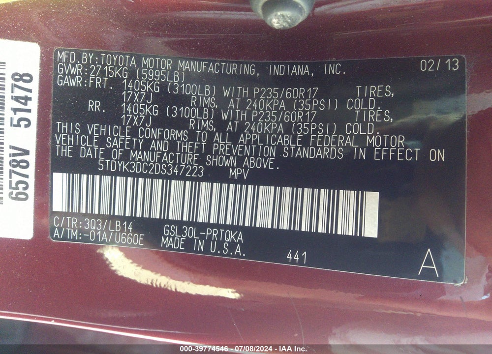 2013 TOYOTA SIENNA XLE V6 8 PASSENGER VIN: 5TDYK3DC2DS347223
