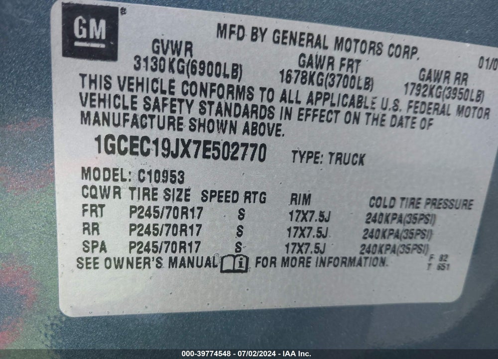 2007 CHEVROLET SILVERADO 1500 LT1 VIN: 1GCEC19JX7E502770