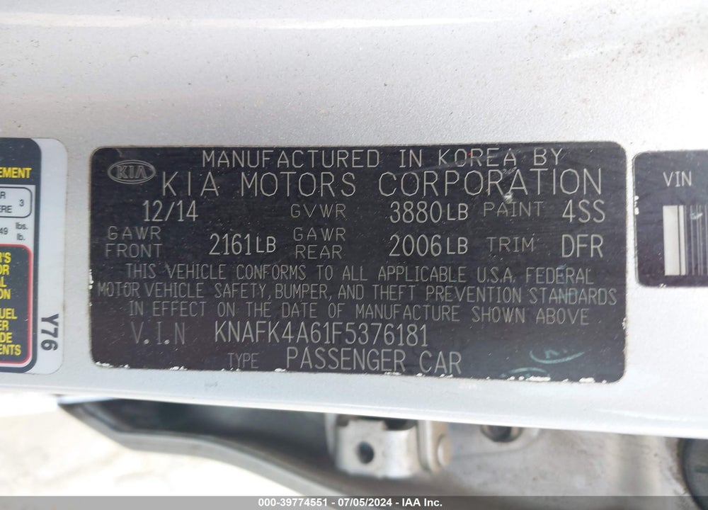 2015 KIA FORTE LX VIN: KNAFK4A61F5376181