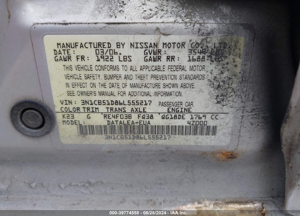 2006 NISSAN SENTRA 1.8S VIN: 3N1CB51D86L555217