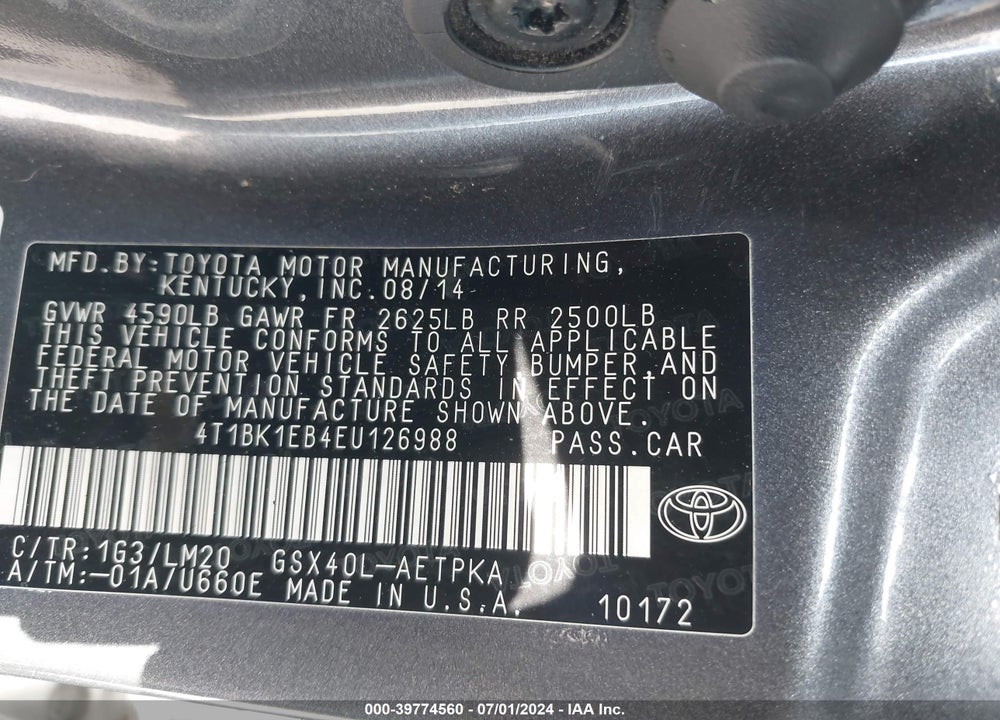 2014 TOYOTA AVALON LIMITED VIN: 4T1BK1EB4EU126988