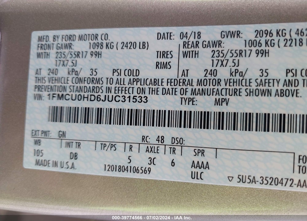 2018 FORD ESCAPE SEL VIN: 1FMCU0HD6JUC31533