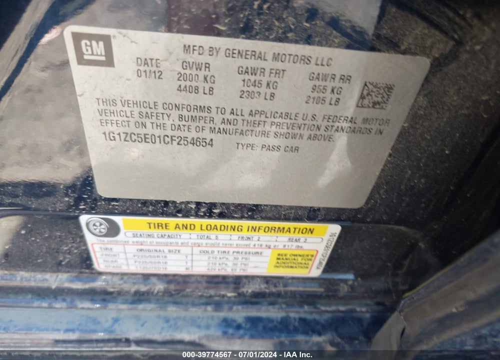 2012 CHEVROLET MALIBU 1LT VIN: 1G1ZC5E01CF254654
