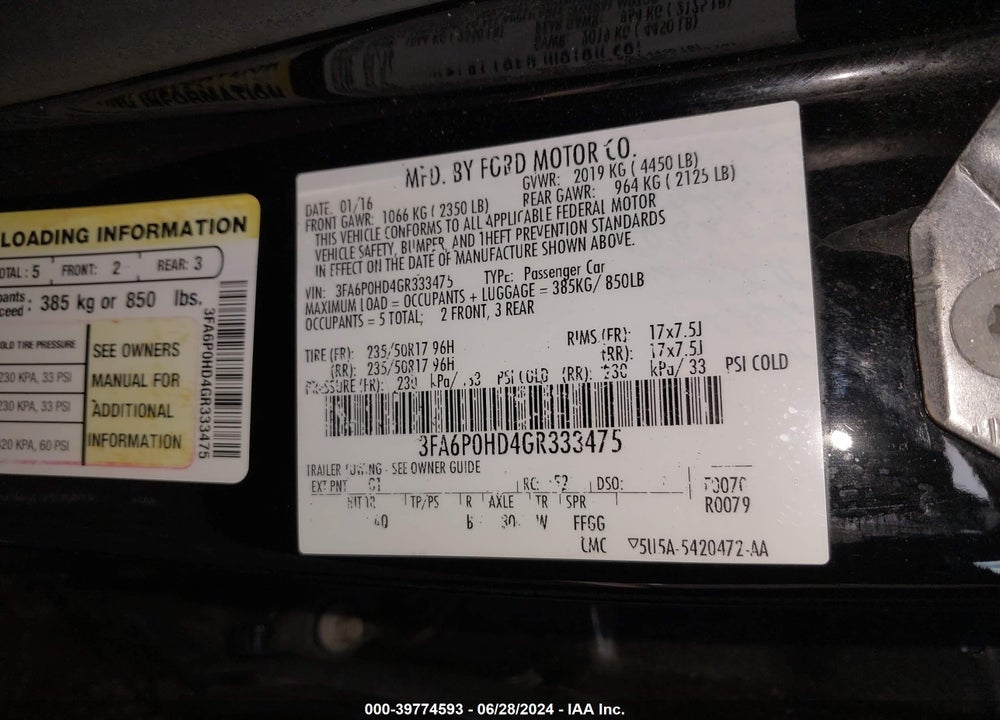 2016 FORD FUSION SE VIN: 3FA6P0HD4GR333475