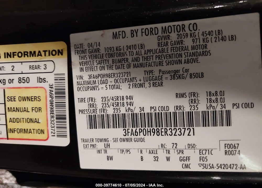 2014 FORD FUSION SE VIN: 3FA6P0H98ER323721