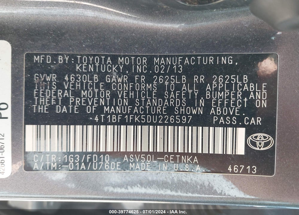 2013 TOYOTA CAMRY LE VIN: 4T1BF1FK5DU226597