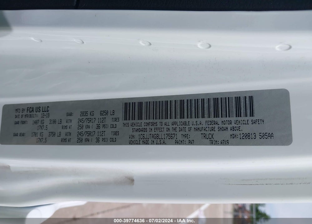 2020 JEEP GLADIATOR SPORT S 4X4 VIN: 1C6JJTAG8LL175671