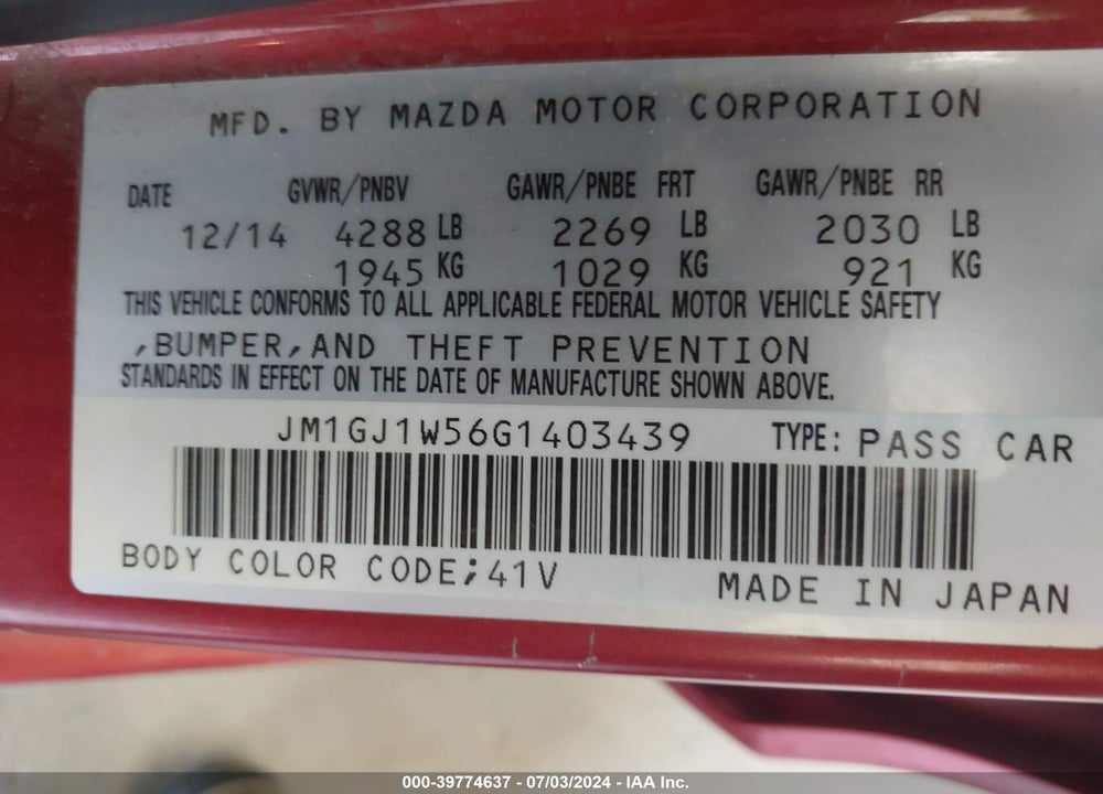 2016 MAZDA 6 I GRAND TOURING VIN: JM1GJ1W56G1403439