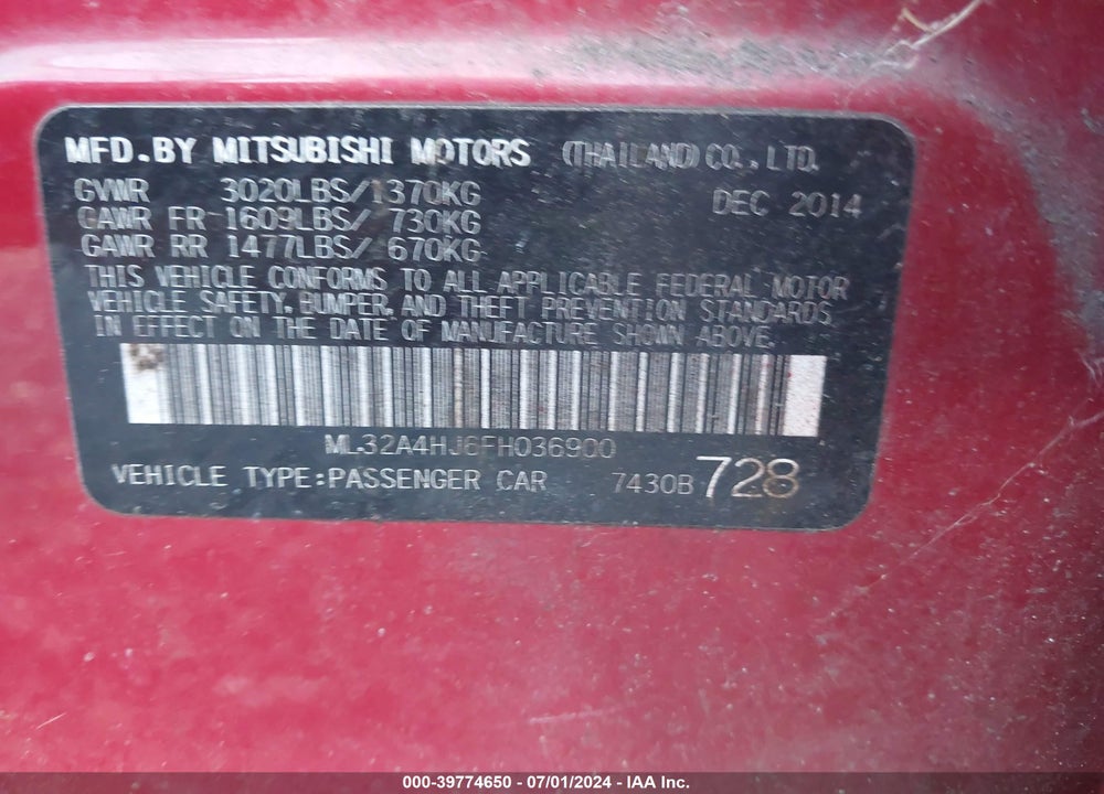 2015 MITSUBISHI MIRAGE ES/RF VIN: ML32A4HJ6FH036900