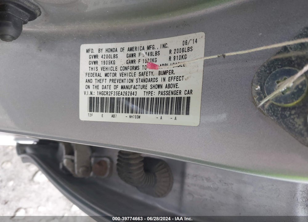 2014 HONDA ACCORD LX VIN: 1HGCR2F35EA262843