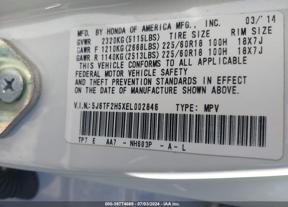 2014 HONDA CROSSTOUR EX-L V6 VIN: 5J6TF2H5XEL002846