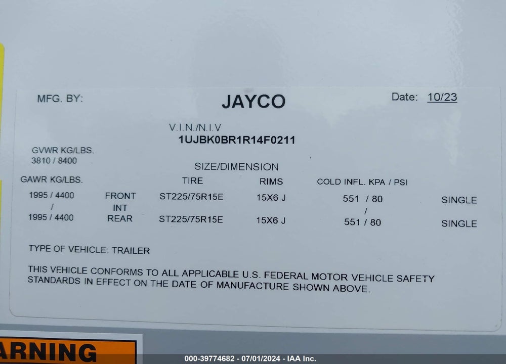 2024 JAYCO WHITE HAWK 26FK VIN: 1UJBK0BR1R14F0211
