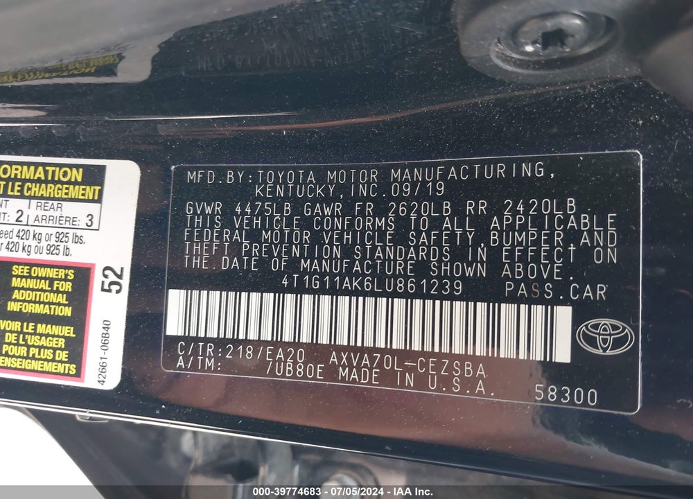 2020 TOYOTA CAMRY SE VIN: 4T1G11AK6LU861239