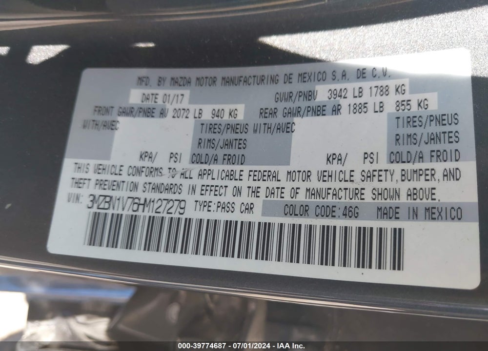 2017 MAZDA 3 TOURING VIN: 3MZBN1V76HM127279