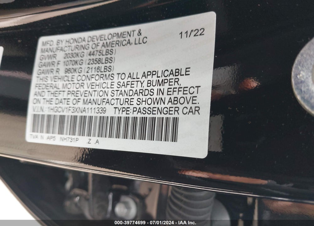 2022 HONDA ACCORD SPORT VIN: 1HGCV1F3XNA111339