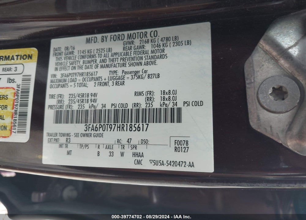 2017 FORD FUSION SE VIN: 3FA6P0T97HR185617