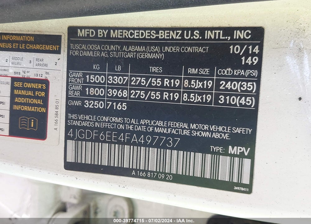 2015 MERCEDES-BENZ GL 450 4MATIC VIN: 4JGDF6EE4FA497737