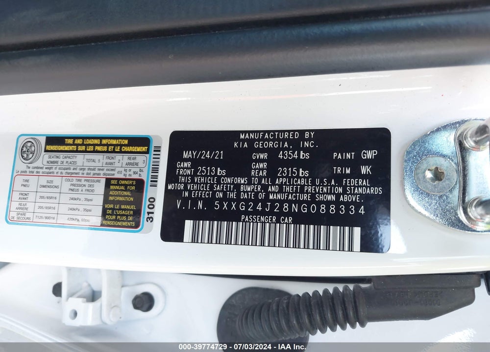 2022 KIA K5 LX VIN: 5XXG24J28NG088334