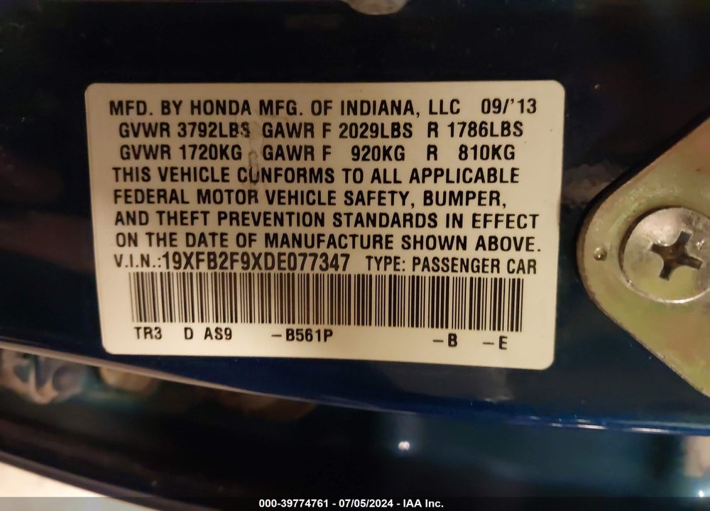 2013 HONDA CIVIC EX-L VIN: 19XFB2F9XDE077347